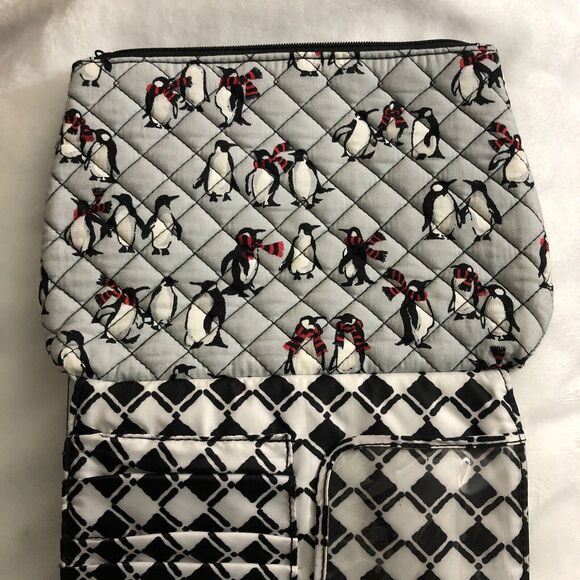 VERA BRADLEY Penguins Brush and Cosmetic Case Playful Penguins Gray Red Black - Picture 7 of 7